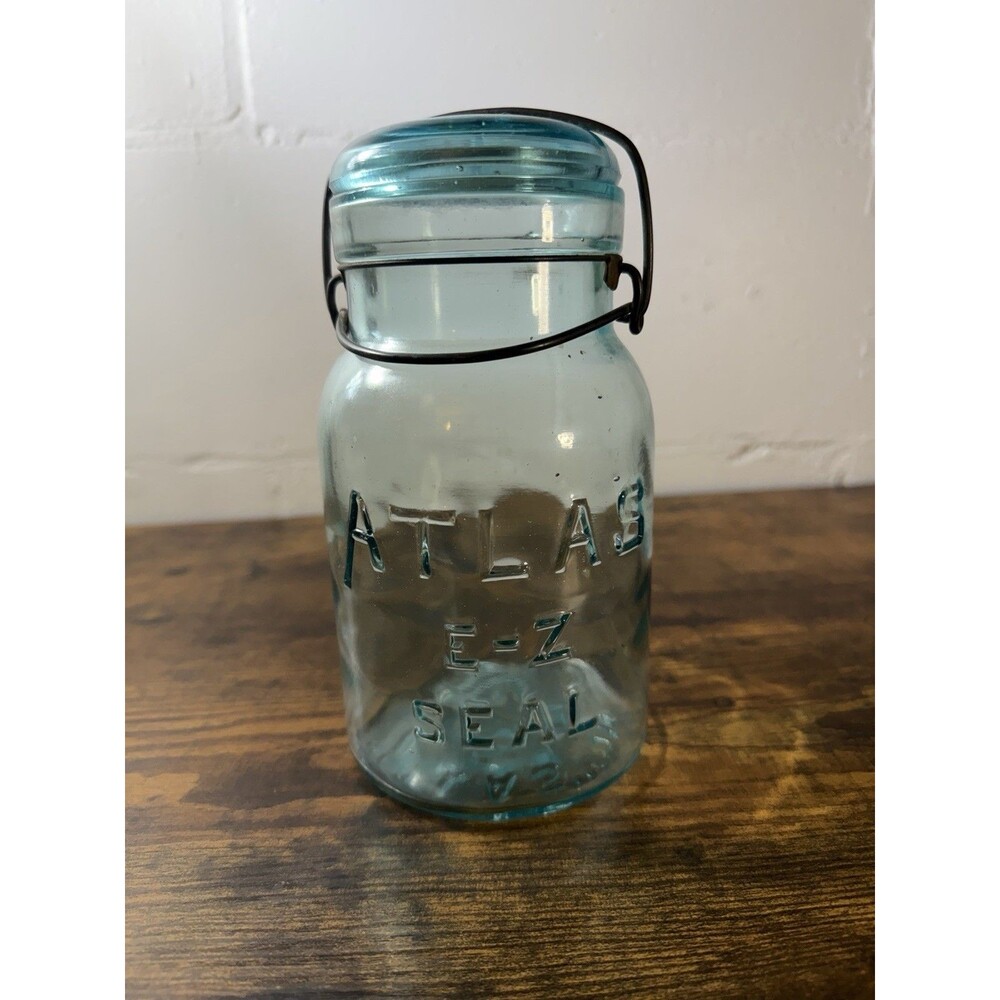 Antique Atlas E-Z Seal Aqua Blue Glass Canning Jar Wire Bail Glass Lid